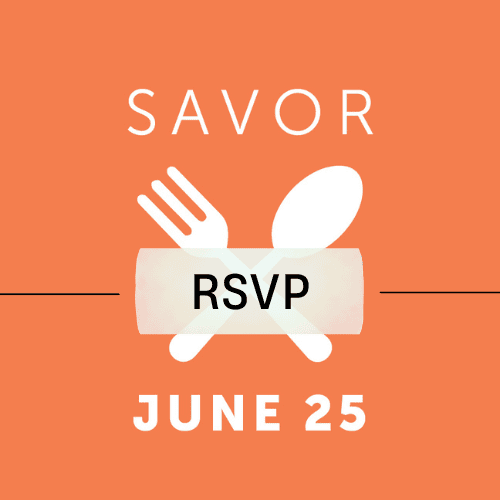 Orange box with word savor and knife and spoon criss crossing