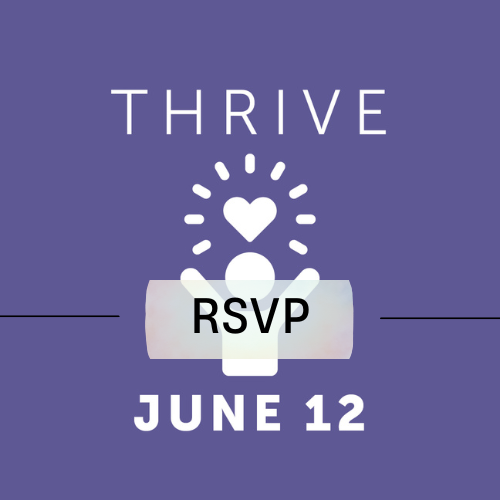 Purple box with the word thrive and an outlined human with a heart above its head