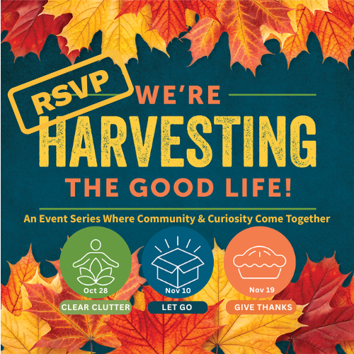 Banner reading We're Harvesting the good life, with event icons underneath